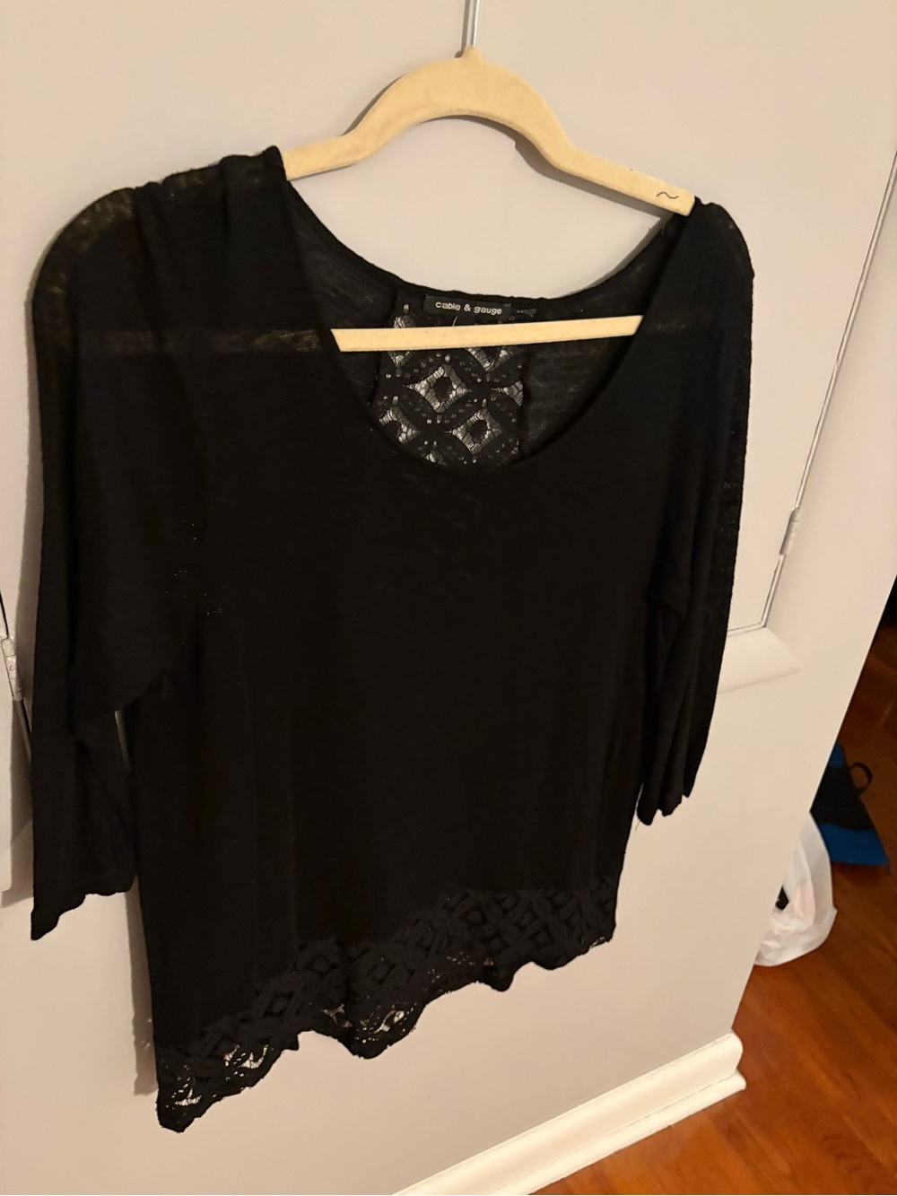 Cable & Gauge Black Lace-Hem Long Sleeve Top